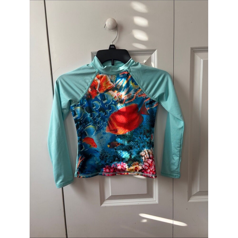 Lands’ End Kids Long-Sleeve Swim Rash Guard with Coral Reef Print Size small
